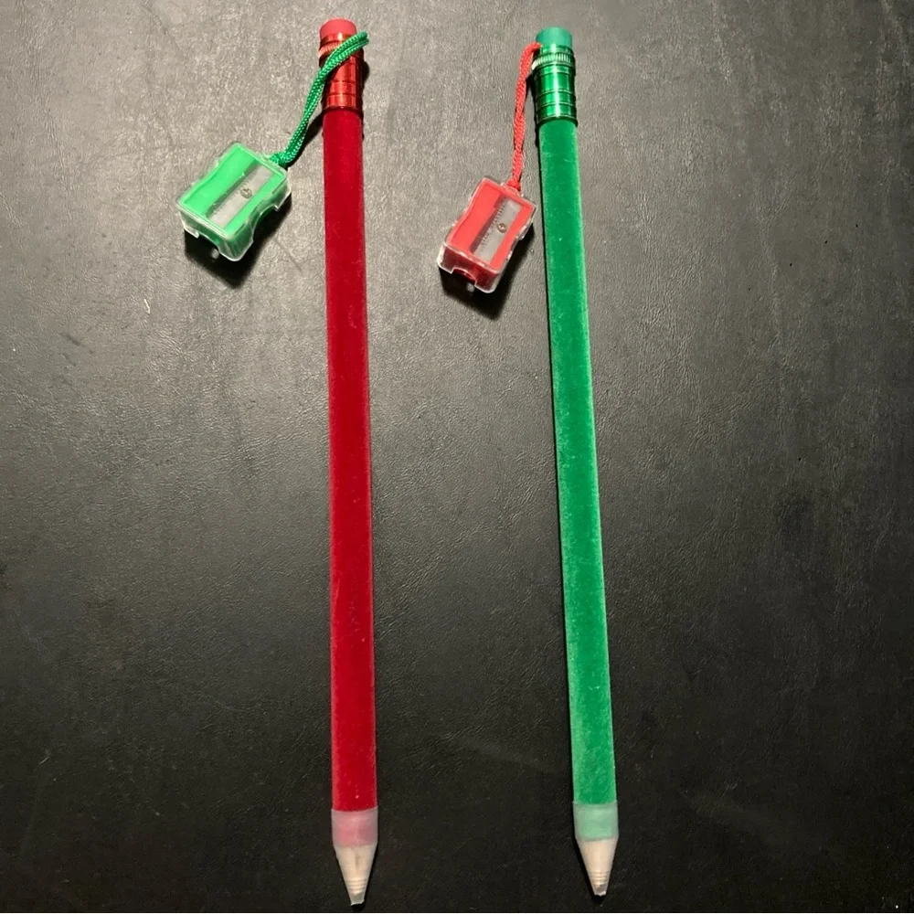 2 Pc  Large  Christmas Holiday 12 Inch Velvety Pencils With Sharpeners, Rare